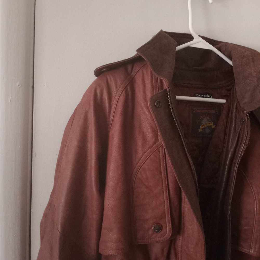 VTG Heavy Long Hooded Brown Leather Jacket - Picture 3 of 16